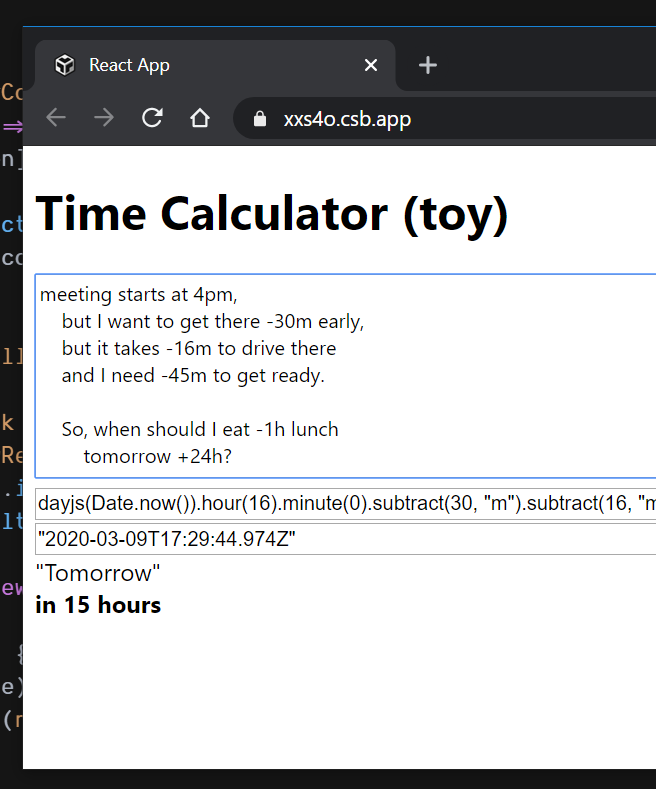 SubtleGradient's tweet image. #IMadeAThing that lets me do time math the way my brain works

codesandbox.io/s/time-calcula…