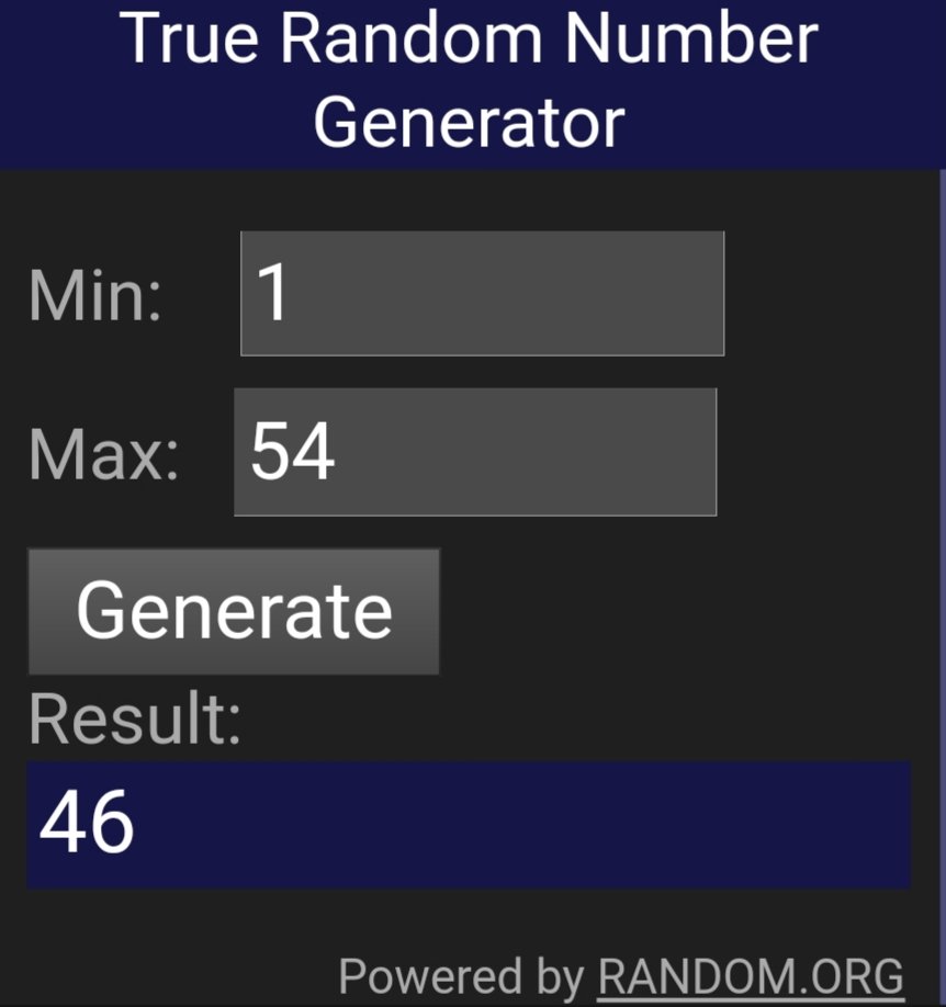 Ganador de la targeta google play de  100Mx🇲🇽
Escogi al ganador con un metodo clasico, conté todos los comentarios y el generador escoge un numero al azar entre 1 a 54 en este caso.
Y el numero ganador es el 46 🔥  @Rember_CoC  feliciades 💪