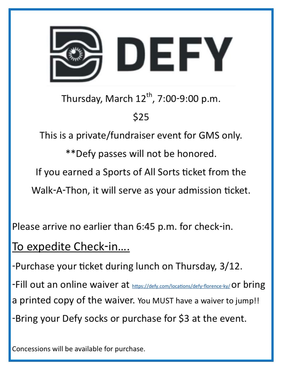 Check it out...PTSA is holding a night at DEFY!!! Get your tickets and gather your friends...Staff and parents help us spread the word please!!