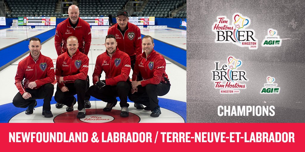 CurlingCanada's tweet image. .@TeamGushue is once again known as Team Canada! 🇨🇦 

Congratulations Brad Gushue, Mark Nichols, Brett Gallant, Geoff Walker, Jeff Thomas and Jules Owchar on winning the 2020 Tim Hortons Brier! 

#Brier2020