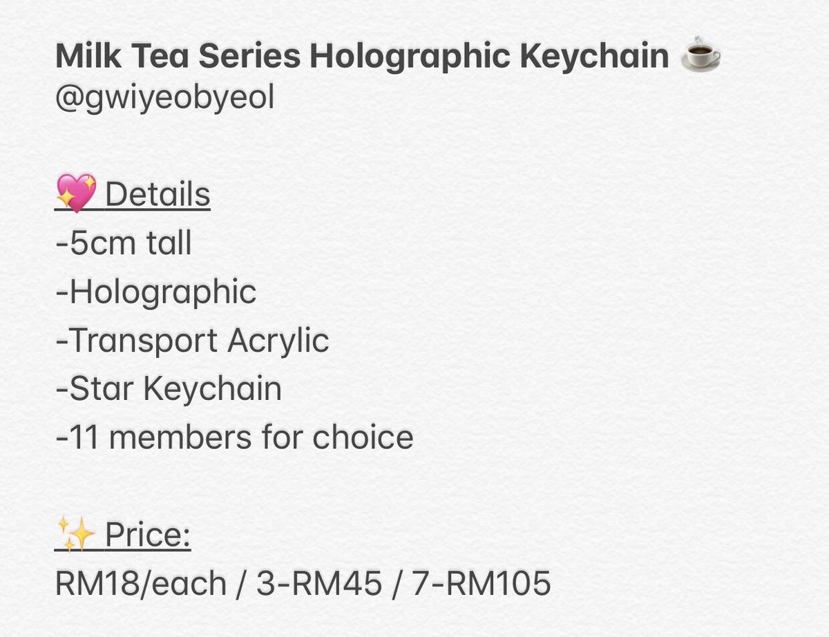 soft_mallang's tweet photo. [MY GO🇲🇾]
#X1 #엑스원 Milk Tea Series Holographic Keychain ☕️ from @gwiyeobyeol

✨Price: RM18/each / 3-RM45 / 7-RM100 / 11-RM155

⚠️Price exc EMS,PayPal fee&amp;local post
✅2nd payment required!

📅19 March ; 10PM

DM @soft_mallang to order! https://t.co/y2JqBie5jZ
