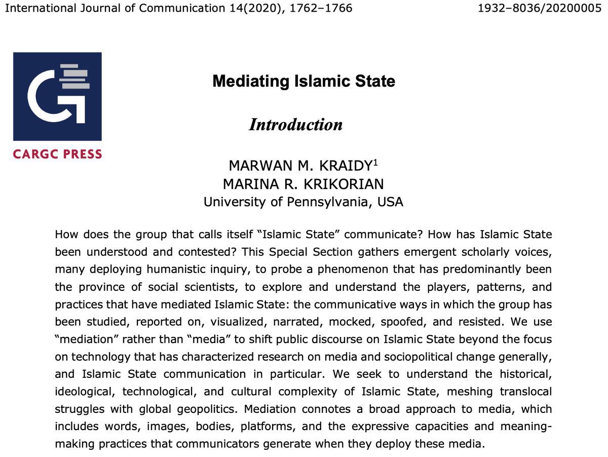 MKraidy's tweet photo. AND IT'S OUT! The @AnnenbergCARGC #JINCS volume #MediatingIslamicState released as special section of #IJOC #CARGC1920 @AnnenbergPenn https://t.co/7yKcTN4fzG https://t.co/qr2cYsvX3O