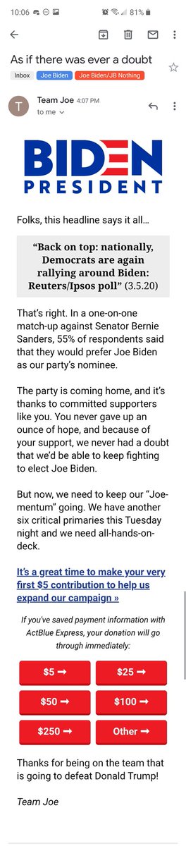 but_their's tweet photo. This email made me upset. The party is "coming home" to @JoeBiden?

No. The party is choosing the better of two old politicians who are both well past their prime because the good choices were forced out by their obstinance. https://t.co/VkYTyJUg0p