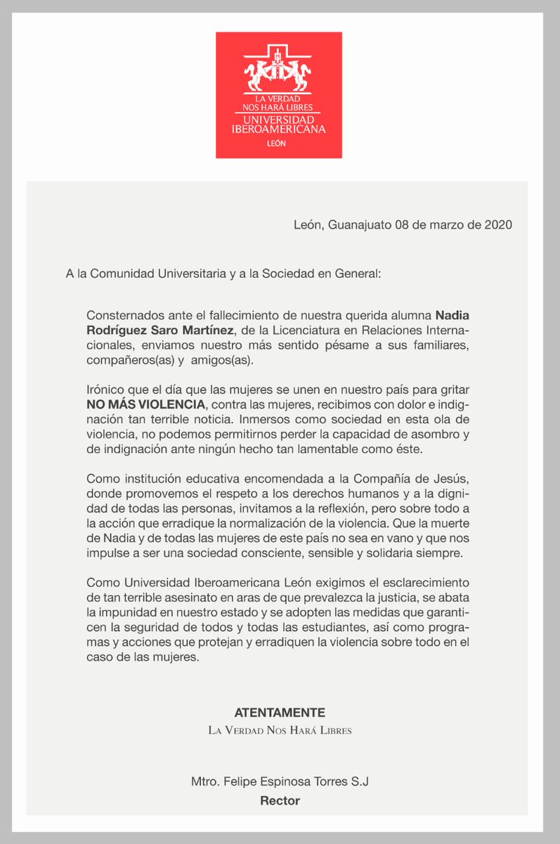 La Universidad Iberoamericana Ciudad de México lamenta profundamente el asesinato de Nadia Rodríguez, alumna de la Ibero León, y se suma a la exigencia del esclarecimiento de tan terrible hecho, en aras de que prevalezca la justicia.

#Comunicado de <a href="/IberoLeon/">Ibero León</a>: