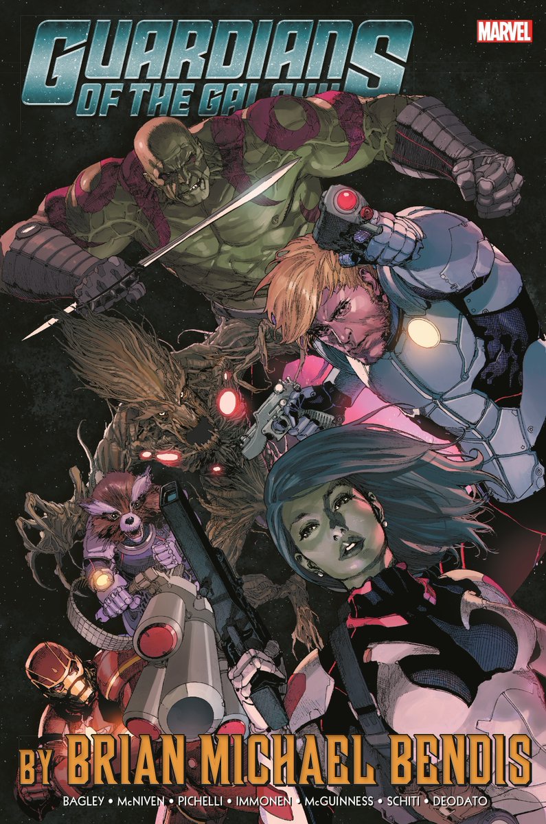 guardians of the galaxy by brian michael bendis omnibus vol. 14/5. a great run. not as great as abnett and lanning's, of course, but quite entertaining nonetheless! also more than half of the art slaps so that's good.