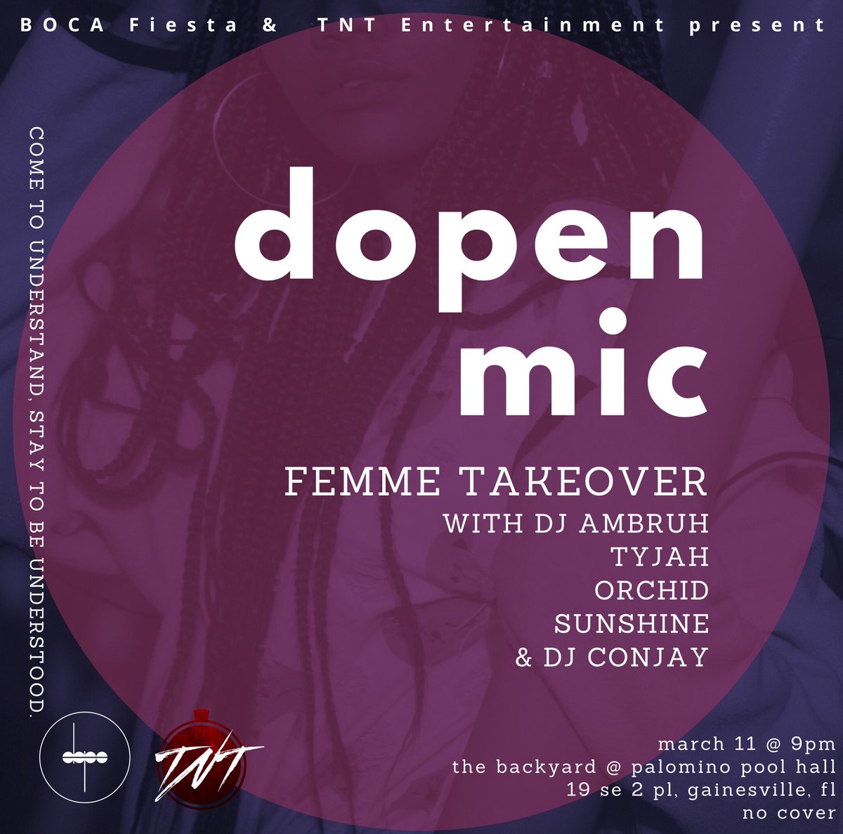 DopeNMic's tweet photo. This March for Womxn’s History Month, Dopenmic is teaming up with TNT Entertainment to bring you a night dedicated to the Black femmes who’ve made our art and our culture what it is today. Join us THIS Wednesday @ 9pm for DOPEnmic: Femme Takeover. 🤩💥 #DOPEnMIC https://t.co/7rMTXLnp2R