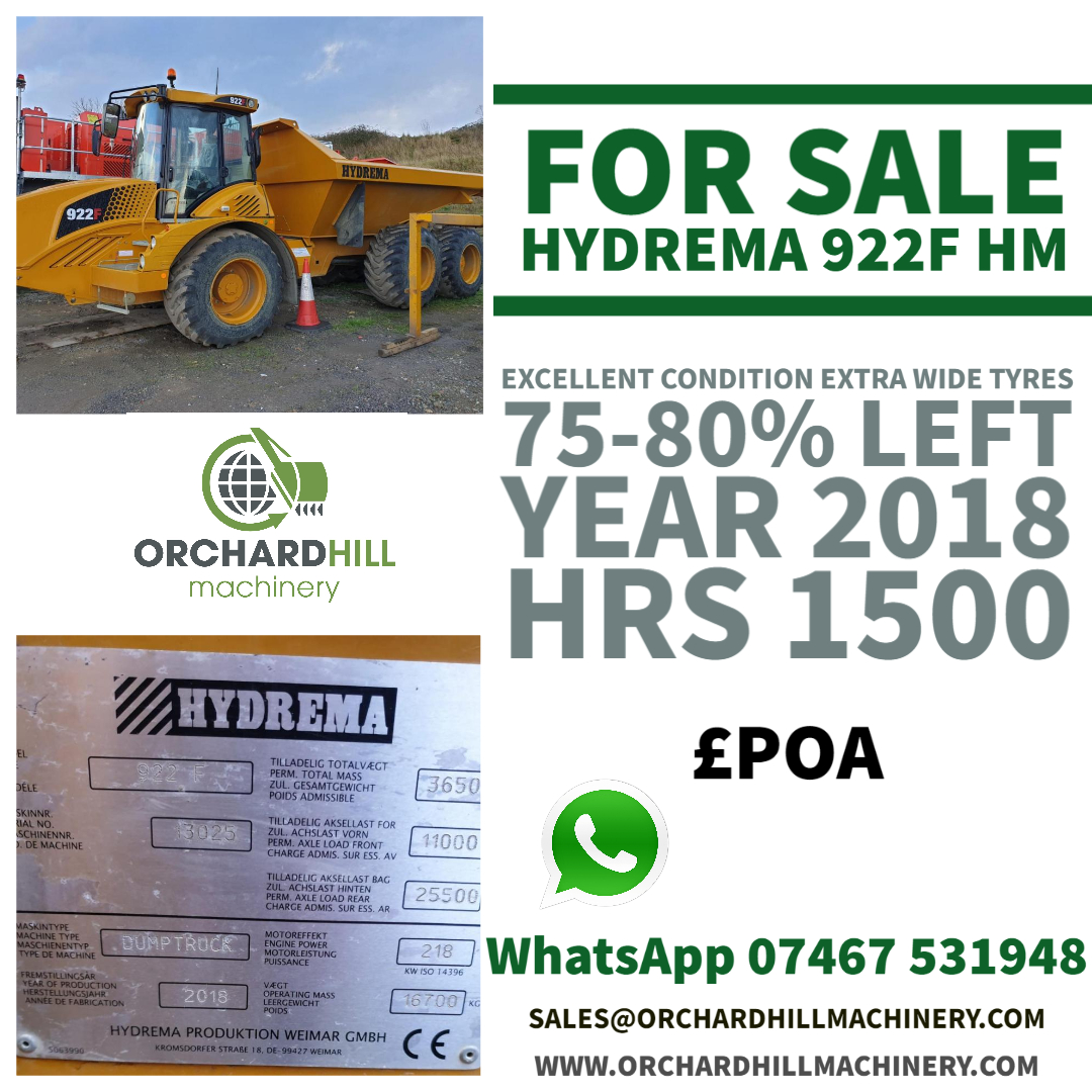 *** FOR SALE  Hydrema 922F HM ***

Excellent condition Extra wide tyres 75-80% left 
 Ready to go to work 
3 units available

Call 01264 748020 for more information. Whatsapp 07467 531948
Or drop us an email sales@orchardhillmachinery.com
pos.li/2ejke3

hashtag
#HYDREMA