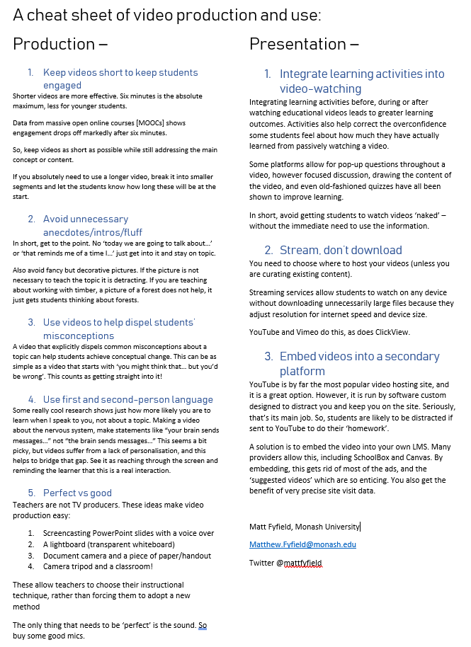 <a href="/kerszi/">Kathi Kersznowski ⛵️</a> @Flipgrid <a href="/Buncee/">Buncee</a> <a href="/wakelet/">Wakelet 💙</a> Hi all. No doubt there will be an awful lot of videos being created. This is a very short 'cheat sheet' of video creation and hosting tips emerging out of my PhD into instructional videos, based on a review of over 150 journal articles.