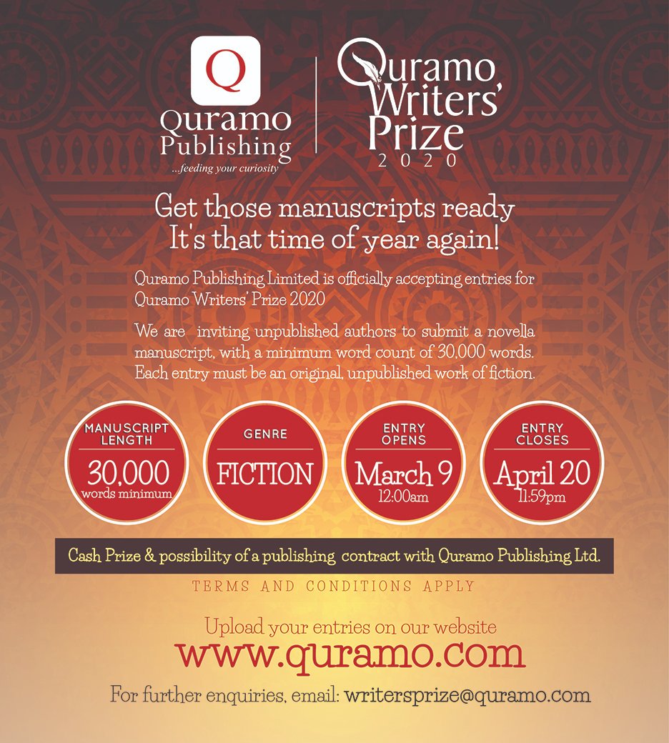 Calling all unpublished African writers. It's that time of the year again! 
From today, Monday, 9 March 2020, the submissions portal for Quramo Writers' Prize 2020 is open.
So, spread the word!
.
#QuramoWritersPrize #QuramoPublishing #QuramoProductions #QuramoFestival #QFest