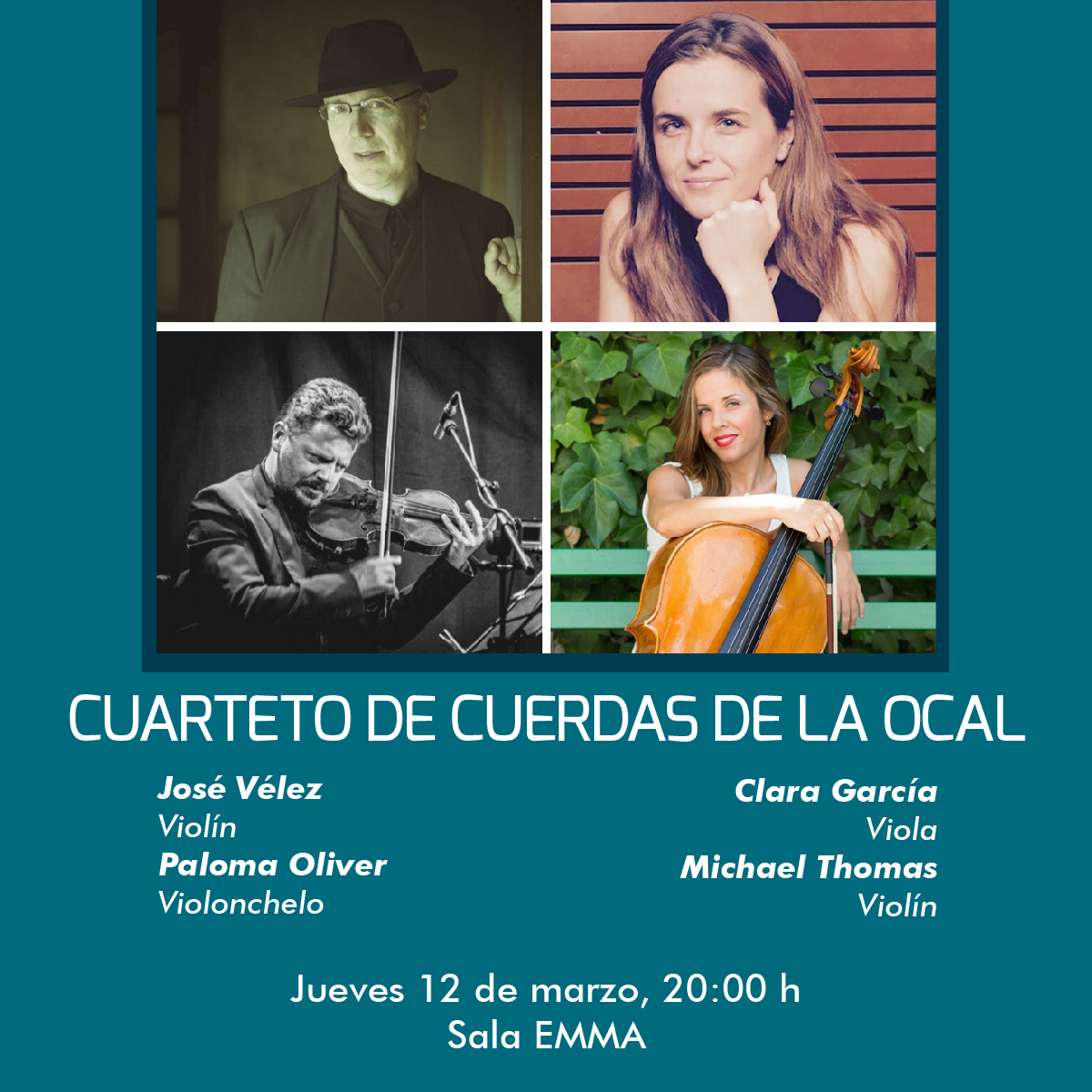 ¡Esta semana tenemos una cita musical en la #SalaEMMA!. 📢 🎻 Se trata del concierto que ofrecerá el Cuarteto de Cuerdas de la <a href="/OcalAlmeria/">OCAL</a>, integrado por  Michael Thomas, José Vélez, Clara García y Paloma García.

🗓 Jueves 12 de marzo, 20:00 horas