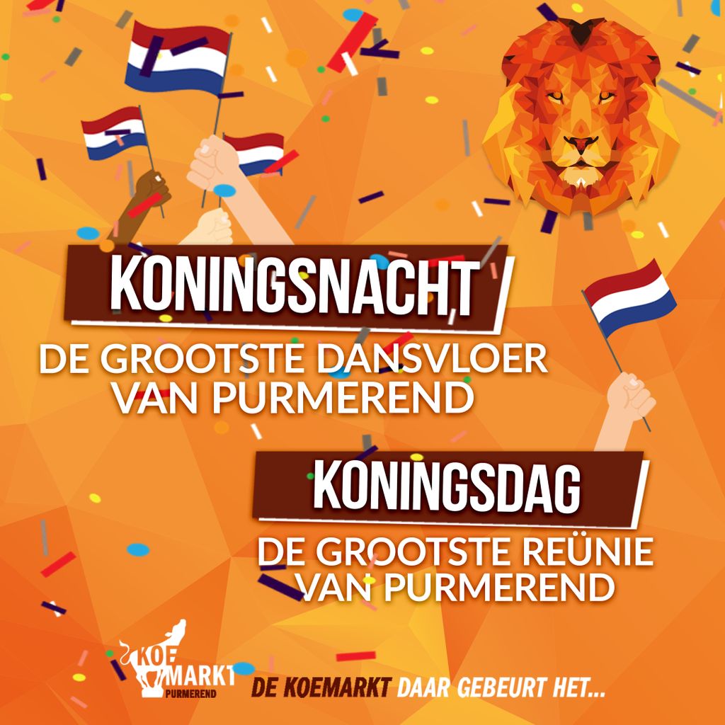 De Koemarkt is de perfecte plek om Koningsnacht en –dag te vieren. Het feesten begint op Koningsnacht, waar we de Koemarkt omtoveren tot de grootste dansvloer van Purmerend. Op Koningsdag is het de gezelligste dag van het jaar, want dan vieren we de grootste reünie van Purmerend.