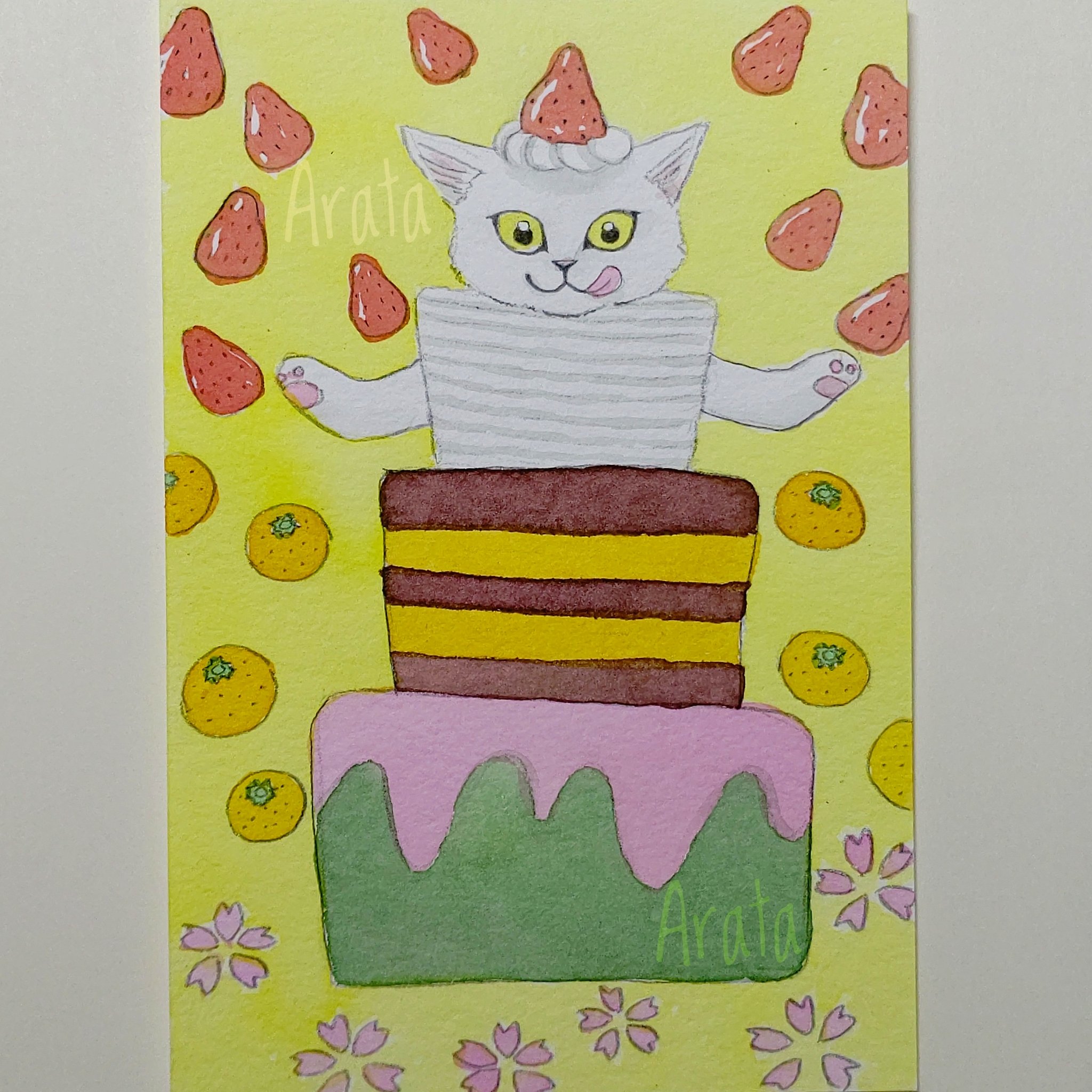 手塚新 アクリル 今日は何の日 シリーズ 本日は ケーキ記念日 です 上から ショートケーキ チョコ オレンジ 桜 抹茶のイメージです 猫 猫イラスト 動物イラスト イラスト イラストレーター ケーキ 水彩 水彩イラスト 1日1絵