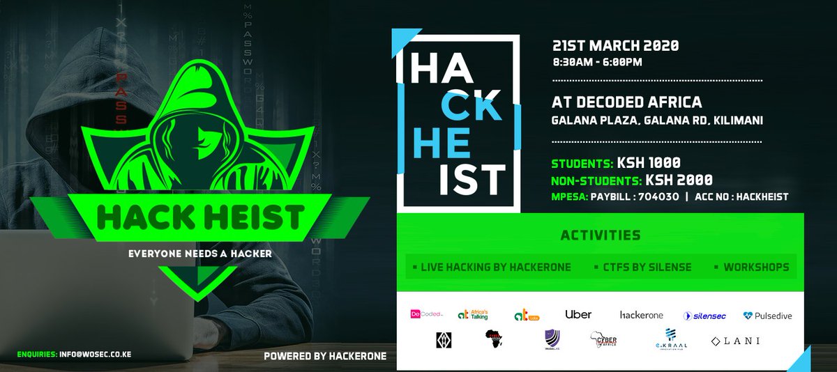 eKRAALhub's tweet photo. #Hackheist by @WoSECtweets Kenya is here, powered by @Hacker0x01

Register https://t.co/yuFkjXlbLZ https://t.co/ieFZ3MUL5W