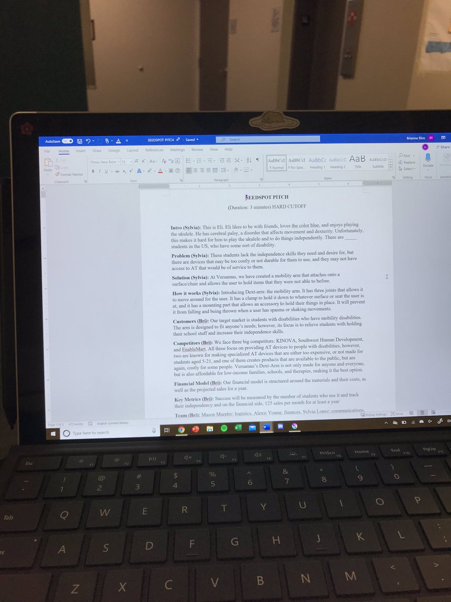 brios_MET's tweet photo. Typing up the final script for our SeedSpot pitch: we’ve gotten it down to 2 minutes and 47 seconds, so I’m pretty excited #PeoriaMET #PeoriaMETTech https://t.co/ATq855lrqL
