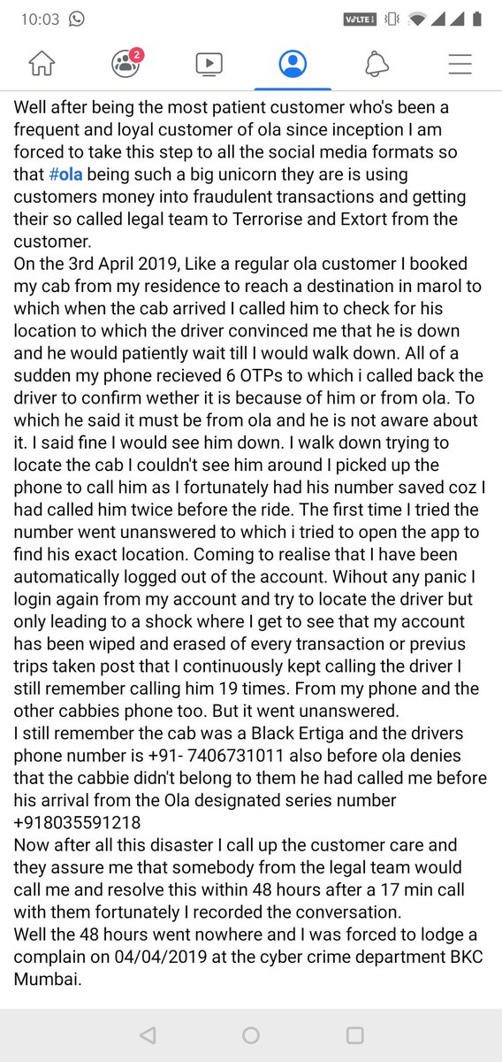 Krishnaanand92's tweet photo. This is my extremely terrible experience with ola after being a customer since their inceptionThe screenshot added are from my post on Facebook but as expected ola didn't hve the courtesy to reply @Olacabs #terrorisingcustomers #threatcalls #extortions #unprofessional #boycotola https://t.co/oO7AdkyhIw