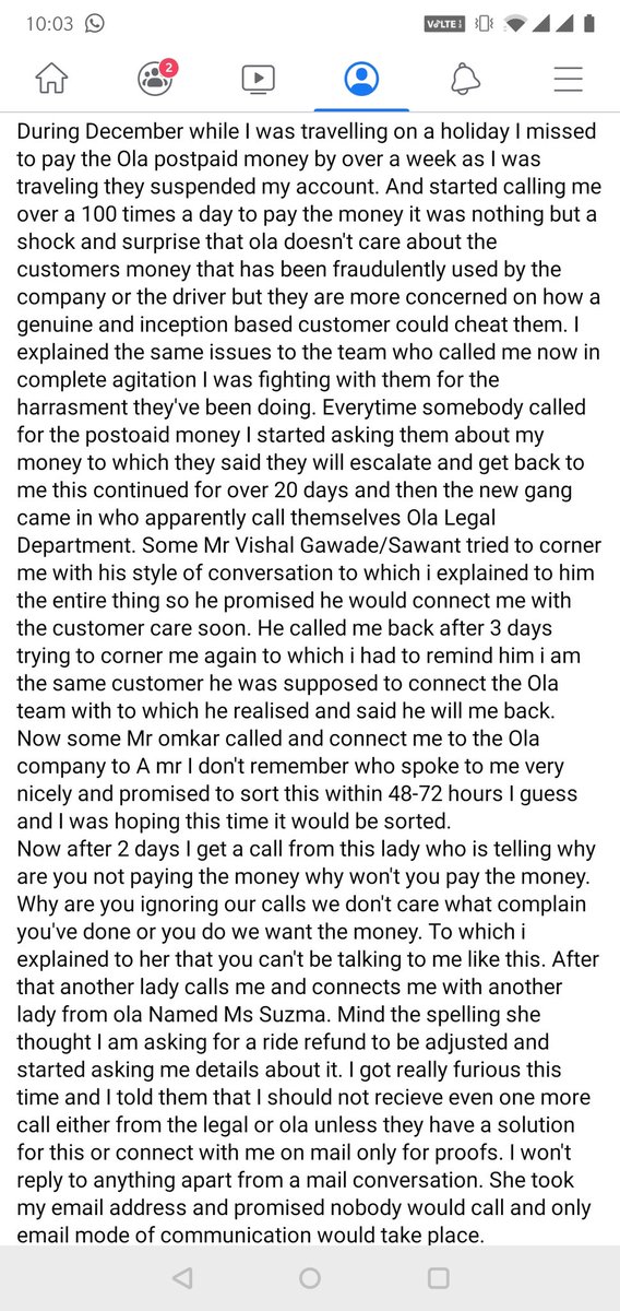 Krishnaanand92's tweet photo. This is my extremely terrible experience with ola after being a customer since their inceptionThe screenshot added are from my post on Facebook but as expected ola didn't hve the courtesy to reply @Olacabs #terrorisingcustomers #threatcalls #extortions #unprofessional #boycotola https://t.co/oO7AdkyhIw