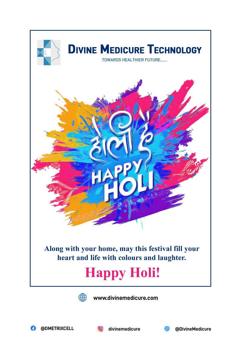 DivineMedicure's tweet photo. Let the colour of Holi spread happiness, gaiety, peace and love all around. 

Wish you a blessed Holi!

#Holi2020 #Divinemedicuretechnology #festival #DMETRIXCELL #Tyohar #Healthylife #Enhoy #ColorfullDay https://t.co/R7cW5RvF6b