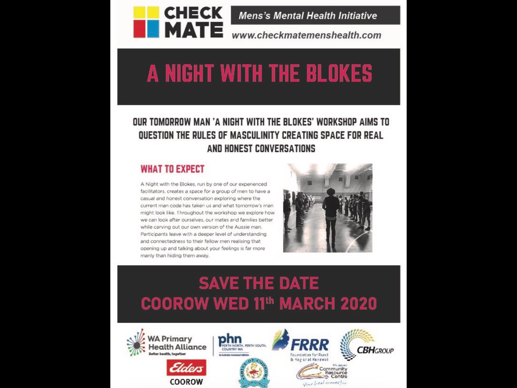 Tonight sees the start of a week of opportunities for the blokes of the Midwest of WA to connect with each other through conversations to connect our communities and take a step forward into being a better mate through the CheckMate Tomorrow Man workshops