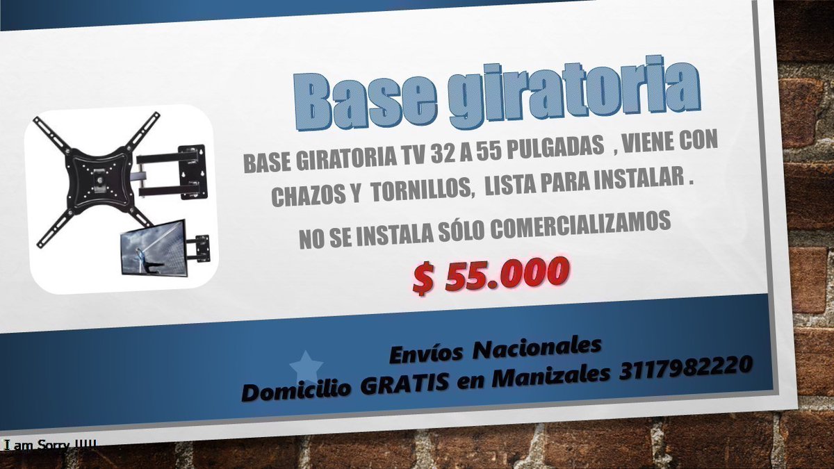 MeganHome3's tweet photo. Base giratoria tv 32 a 55 pulgadas  , domicilio GRATIS en manizales  , viene chazos tornillos lista para instalar , no se instala solo comercializamos  55000            3117982220

#TV #BASE #LED #TECNOLOGIA #COMPRAVENTA #MERCADOLIBRE #OLX #MARKETPLACE #VENDO #COMPRO #MANIZALES https://t.co/39icHEfQxT