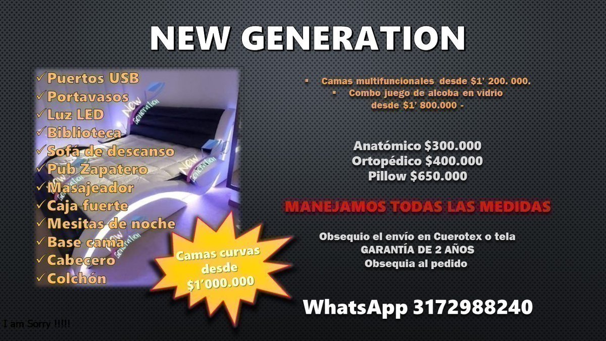MeganHome3's tweet photo. NEW GENERATION 

  (camas curvas desde 1 000 000 ) 

WhatsApp 3172988240 
Visítanos en nuestra página de Facebook https://t.co/8rTH97R3hD 
Instagram https://t.co/k4lD5WJz1y 

Estamos ubicados en cr20b #61b58 Bogota San Francisco sistema de abono . 
Envíos a todo el país https://t.co/7wtvsG7jKi