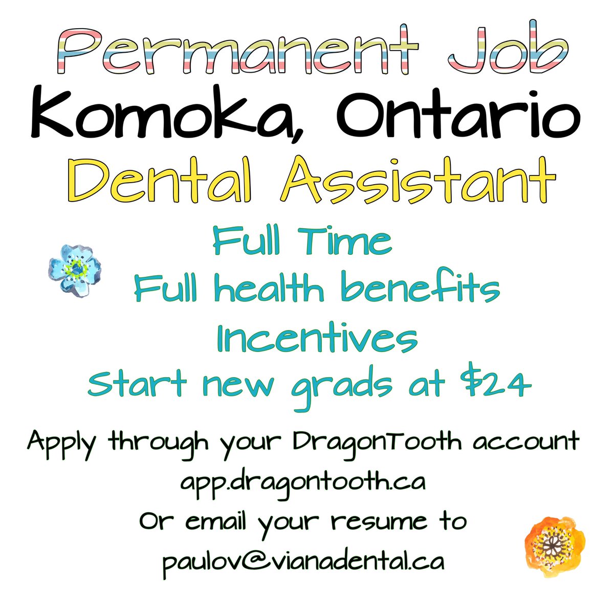 DragonToothApp's tweet image. Permanent Job posting for a full time dental assistant available in Komoka, Ontario. Apply today through your free DragonTooth profile at app.dragontooth.ca or email the office your resume at paulov@vianadental.ca
 #jobs #posting #hiring #dental #dentalassistance #jobpost