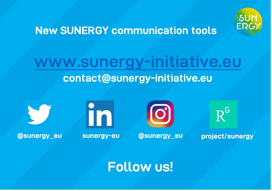 Welcome to the new SUNERGY twitter account!! 
Now you can follow us through our new website and social media:
sunergy-initiative.eu
Instagram: bit.ly/38r44jT
YouTube: bit.ly/2Iln48V
LinkedIn: bit.ly/3ashMod
ResearchGate: bit.ly/2PNPFbj
