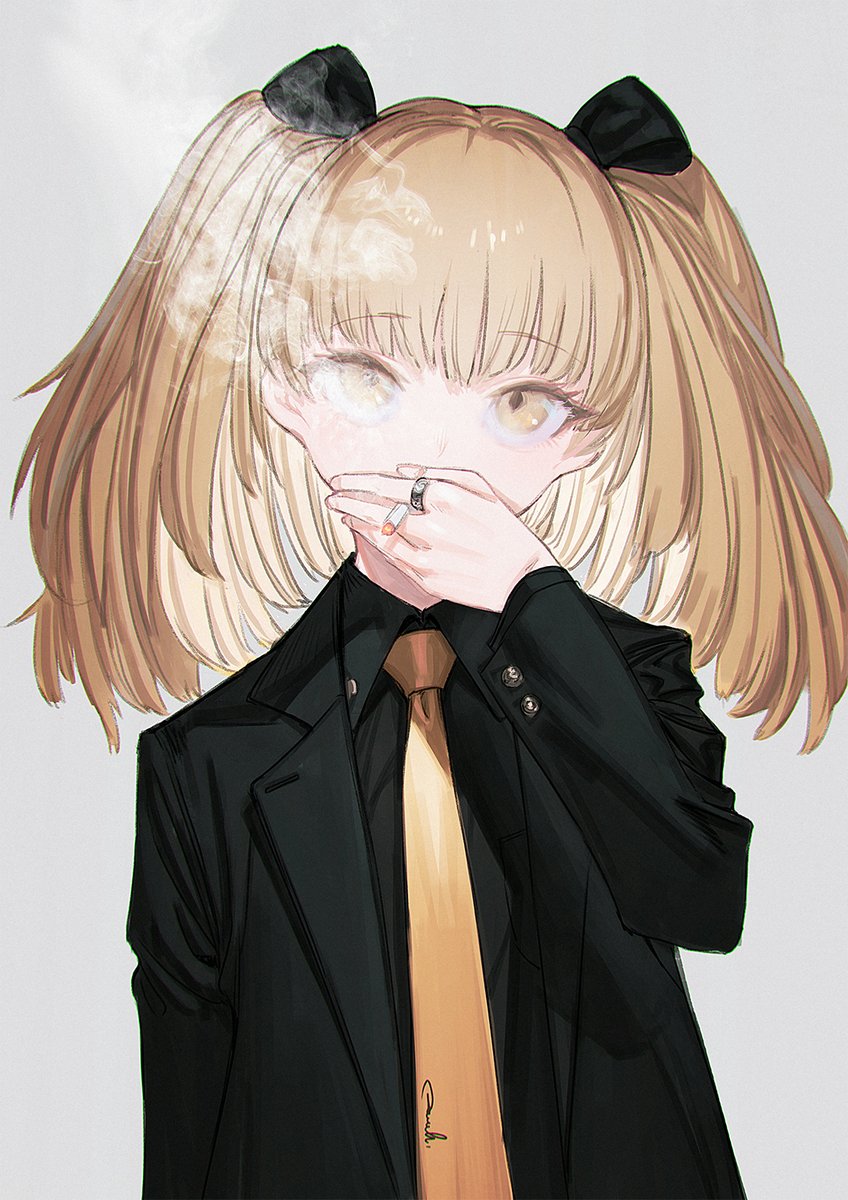 1girl necktie solo holding cigarette cigarette pink hair short hair  illustration images