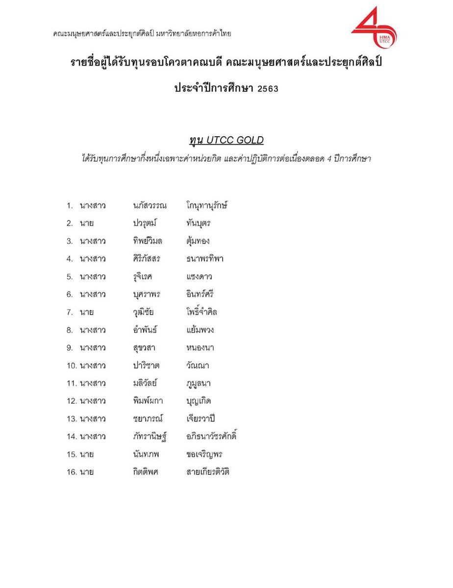 utcckr's tweet photo. ประกาศรายชื่อผู้ได้รับทุนรอบโควตาคณบดี คณะมนุษยศาสตร์และประยุกต์ศิลป์ ประจำปีการศึกษา 2563 ขอแสดงความยินดีกับทุกๆคนด้วยครับ :)
#HMAUTCC #dek63 #ทุนรัตนมงคล https://t.co/fhE8y7Jlca