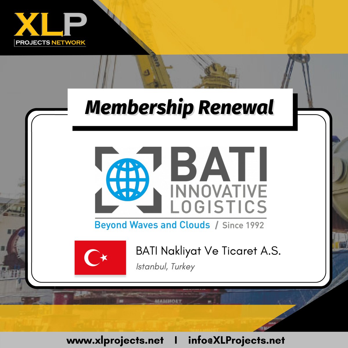 XLPNetwork's tweet photo. We are pleased to announce that @BATI_GROUP in Turkey has renewed their membership to XLProjects! 

#XLProjects #AINetworks #ProjectCargo #heavylift #projectforwarding #ProjectLogistics #oversize #projectforwarder #ProjectCargoNexus #breakbulk #maritime #oceancharter #batigroup https://t.co/W6h62TB4b6