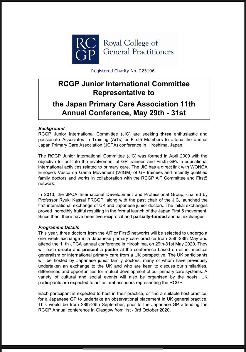 RCGPJIC's tweet photo. 🇯🇵🇯🇵🇯🇵  Experience Japanese GP in the land of the rising sun 🗻 We need 3 passionate AiT/First5 GPs to attend the annual Japan Primary Care Association (JCPA) conference in Hiroshima, Japan. Info ⬇️ https://t.co/JH3HDVdL1v Closing date 9AM 21st March #teamgp ��🌏🌎 https://t.co/mQ3d8e0ABh