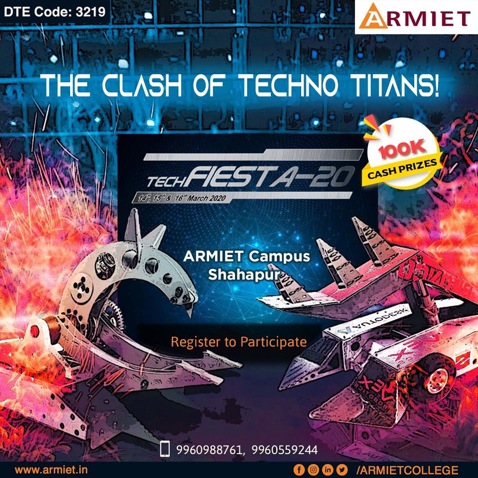 armietcollege's tweet photo. Test your tech skills at The Clash of Techno Titans!
Participate in the national level #TechFiesta20 hosted by #ARMIET #EngineeringCollege on 14, 15 & 16 March 2020 at ARMIET Campus, A. S. Rao Nagar, Sapgaon, Shahapur.
Register Now: https://t.co/kt0htDoG0O
#techno #festival https://t.co/7rkQL2dpPi