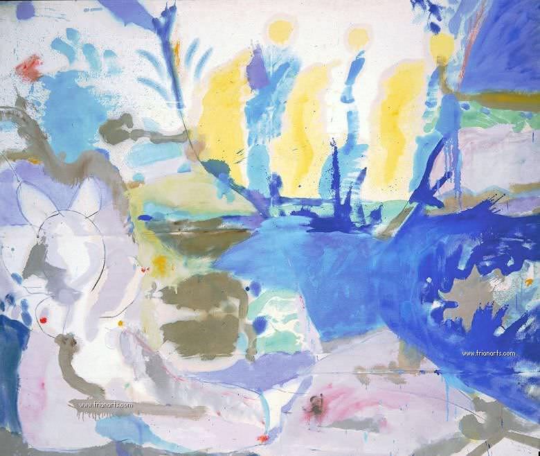 Su técnica, llamada “Manchas de color absorbidas”, es ya famosa, y parece acuarela: Color al óleo diluido en trementina y aplicado sobre lienzo sin preparar. (foto arriba-izq) Su enorme y precoz talento fue rapidamente reconocido entre los expresionistas abstractos.¡Muy grande!