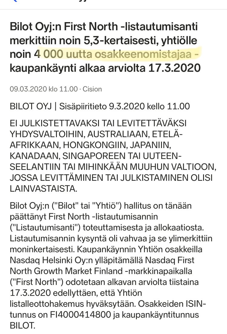 zijoittaja's tweet image. #Bilot  4000 omistajaa IPOssa. Se on paljon se. Taviksille 50 + 7% merkatuista osakkeista.