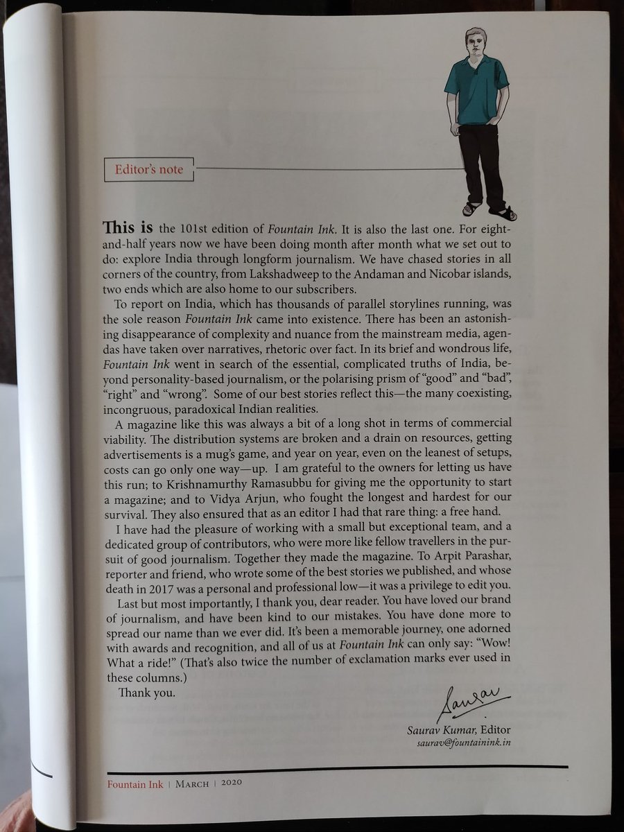 vinayaravind's tweet photo. Just got my hands on the farewell issue of @fountainink. Can't describe how sad this feels. Also happy and proud to see the Honours pages mentioning @javashree 's @Laadli_PF Award. https://t.co/vgdA6VDr11
