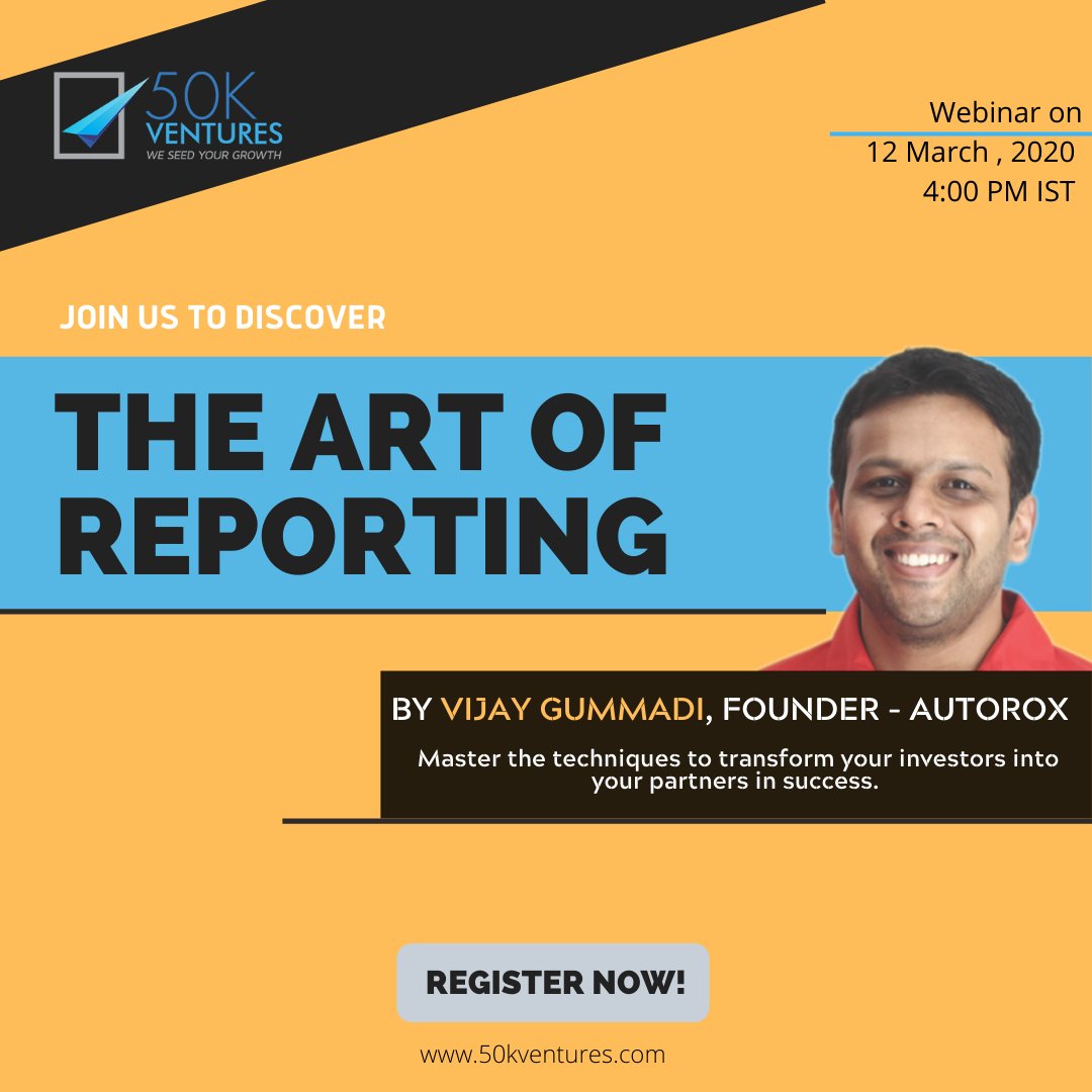 50KVentures's tweet photo. #Reporting is a tedious process &amp; can be perceived as a drain on time and energy by new entrepreneurs. @vjgummadi, the founder of #Carz and #Autorox, has developed an innovative #reportingsystem for #entrepreneurs. Register at https://t.co/4ay5rDUgV6 to learn more! https://t.co/AY5RwyntL2