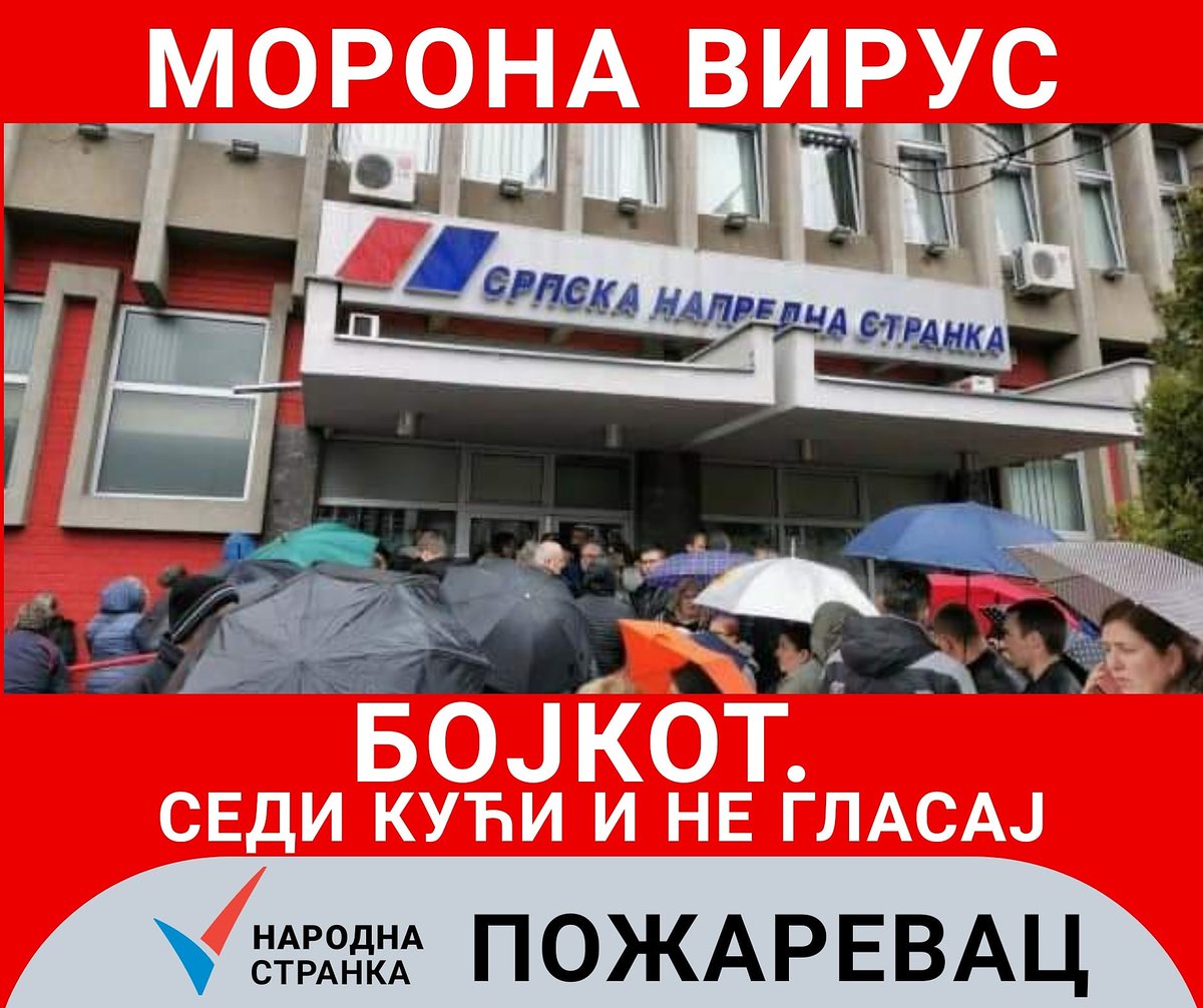 NPozarevac's tweet photo. BOJkot Ostani Kući na dan izbora i NE DAJ svoj GLAS!!!
#Bojkot2020 #Bojkot #SediKuci #Ostanikuci #Neglasaj #Nedajsvojglas #Narodnastranka #Izbori2020 #Lažniizbori #Požarevac #Uvekuzsvojnarod #VukJeremic #Nastraninaroda https://t.co/uamTr7oFVz