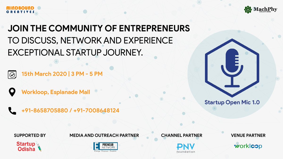 startup_odisha's tweet photo. Participate in the "Open Mic for Startups" going to held on 15th March 2020(Sunday) at Workloop co-working space, Esplanade Mall, an initiative by @mb_creatives &amp; MachPhy Solutions.
Registration link: https://t.co/yAbI3SiQdM https://t.co/NwWjO980JP
