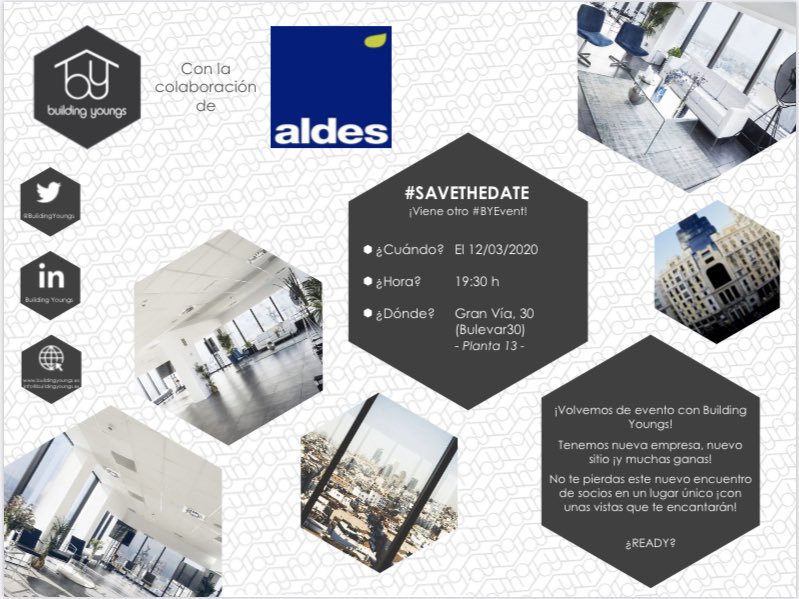 #REMEMBER 12/03/2020 - 19:30
¡Vuelve un #BYEvent para socios!

Gracias a <a href="/Aldes_Spain/">Aldes Venticontrol España</a>, los miembros de <a href="/BuildingYoungs/">Building Youngs</a> nos volvemos a ver en #Bulevar30, ¡un lugar fantástico!
bulevar30.com

¿Aún no te has unido y te lo vas a perder? ¡Entra buildingyoungs.es!
