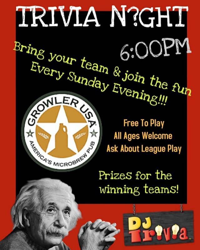 GrowlerHawaii's tweet photo. We have trivia every Sunday night starting at 6pm. Come join us for a great night of fun and there are also prizes for the top 3 teams. #growlerusahnl #trivianight #craftbeer https://t.co/w4bHc0o8Rv
