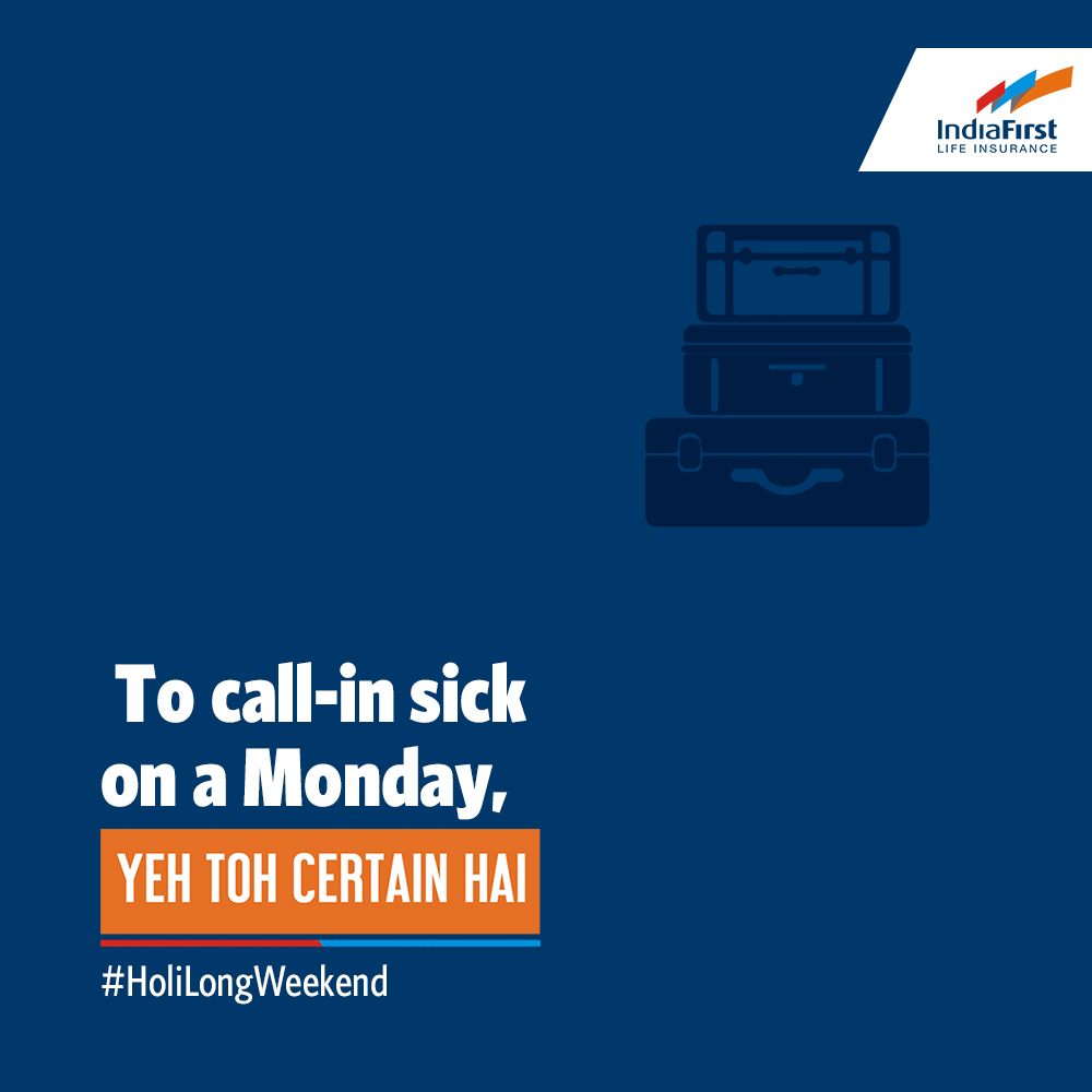 IndiaFirst_Life's tweet photo. What’s your excuse to take this long weekend? Let us know in the comments section below.
#IndiaFirstLife #YehTohCertainHai #LongWeekend #HoliLongWeekend #MondayFeeling #MondayExcuse https://t.co/bFaFBC5jcw