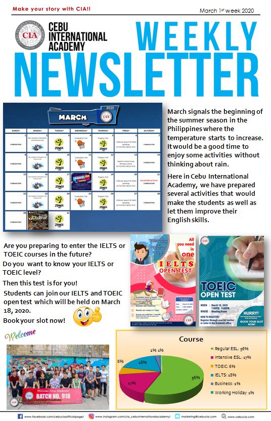 cebuciamain's tweet photo. Here's our newsletter for the first week of March 2020!!! We have prepared activities for our students to enjoy and most especially improve their English skills.

Make your story with CIA.

#cebucia #philippineschool #studyenglish #marchevents #studentlife #happyschool #english https://t.co/Po6yYr3dRG