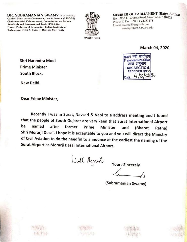 Name Surat Airport after Morarji Desai: Subramanian Swamy writes to PM