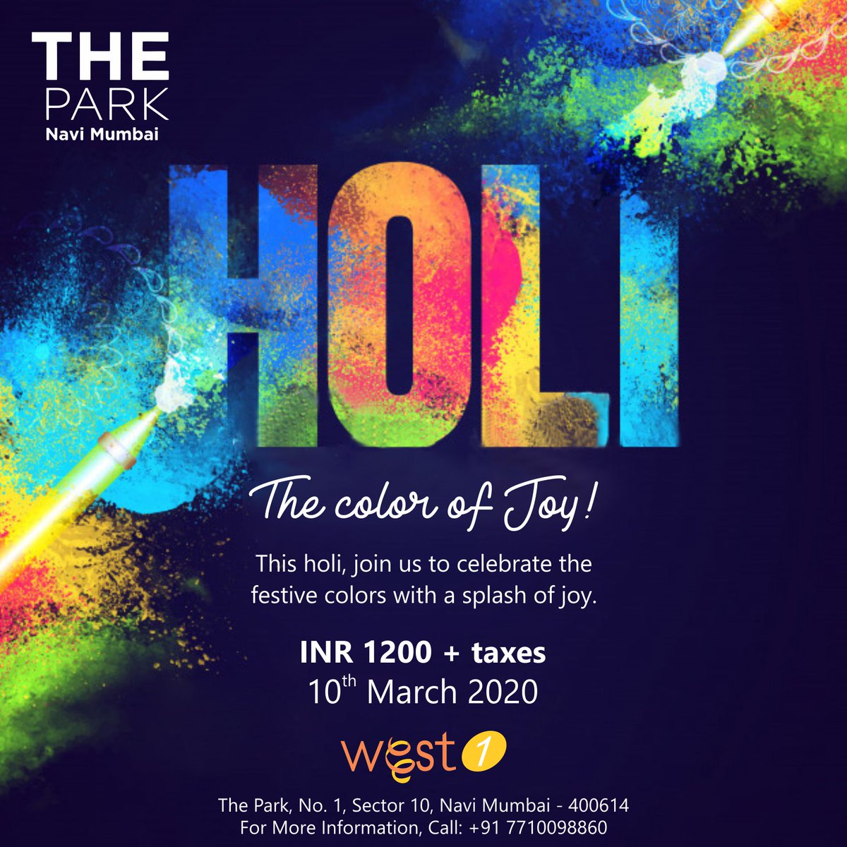 parknavimumbai's tweet photo. The joys of Holi knows no bound.
Get set to paint yourselves in the colours of joy  fun with Holi celebrations at The Park Navi Mumbai. 
INR 1200+ taxes 
For more information contact: 89763 98893

#HoliParty #Holi #AnythingButOrdinary #TheParkHotels #NaviMumbai https://t.co/r10aRYdyvS