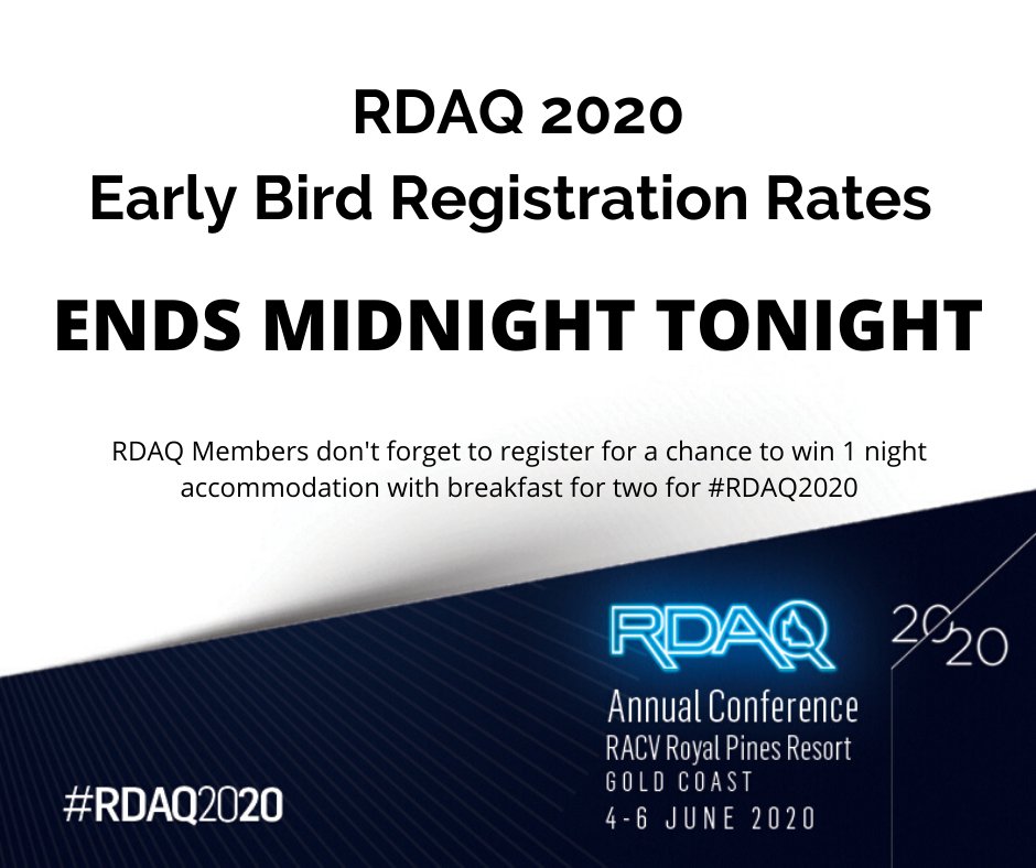 RuralDocsQ's tweet photo. LAST CHANCE! Don’t miss your opportunity to secure your #RDAQ2020 registration at Early Bird rates. Offer ends midnight tonight! https://t.co/mm7ZWQrVjR https://t.co/AL2pF7ZiYZ