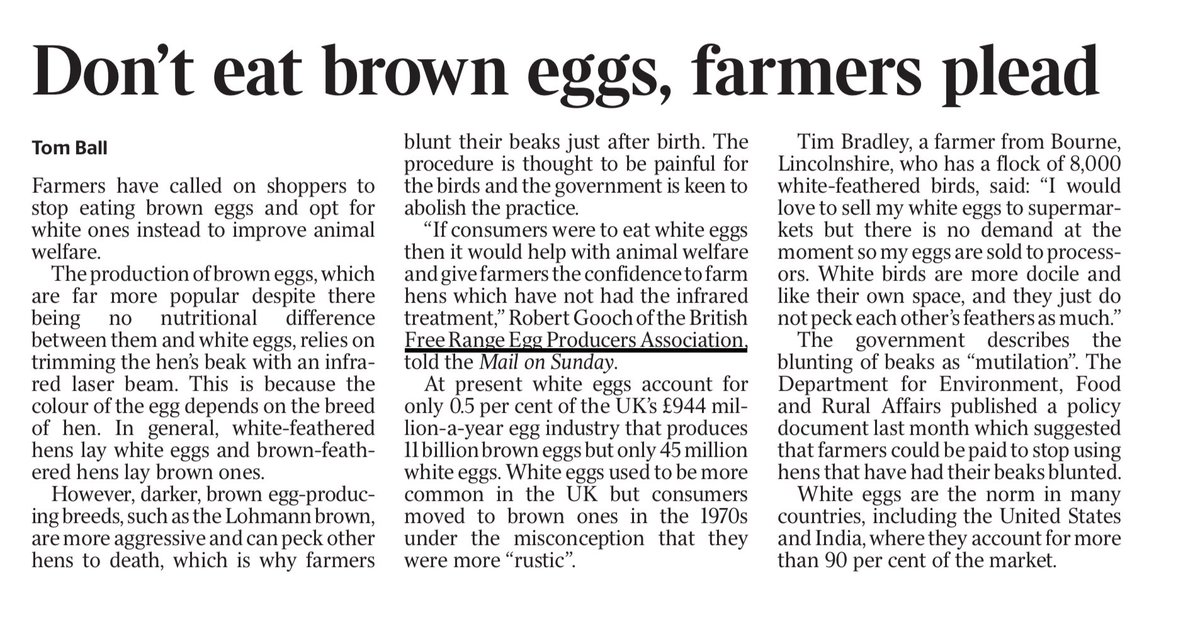 Misleading headline in today's <a href="/thetimes/">The Times and The Sunday Times</a> - yes eating white eggs may help farmers manage a ban on beak tipping, but we are not calling on consumers to stop eating brown eggs. As ever, there's more to the story than just a headline