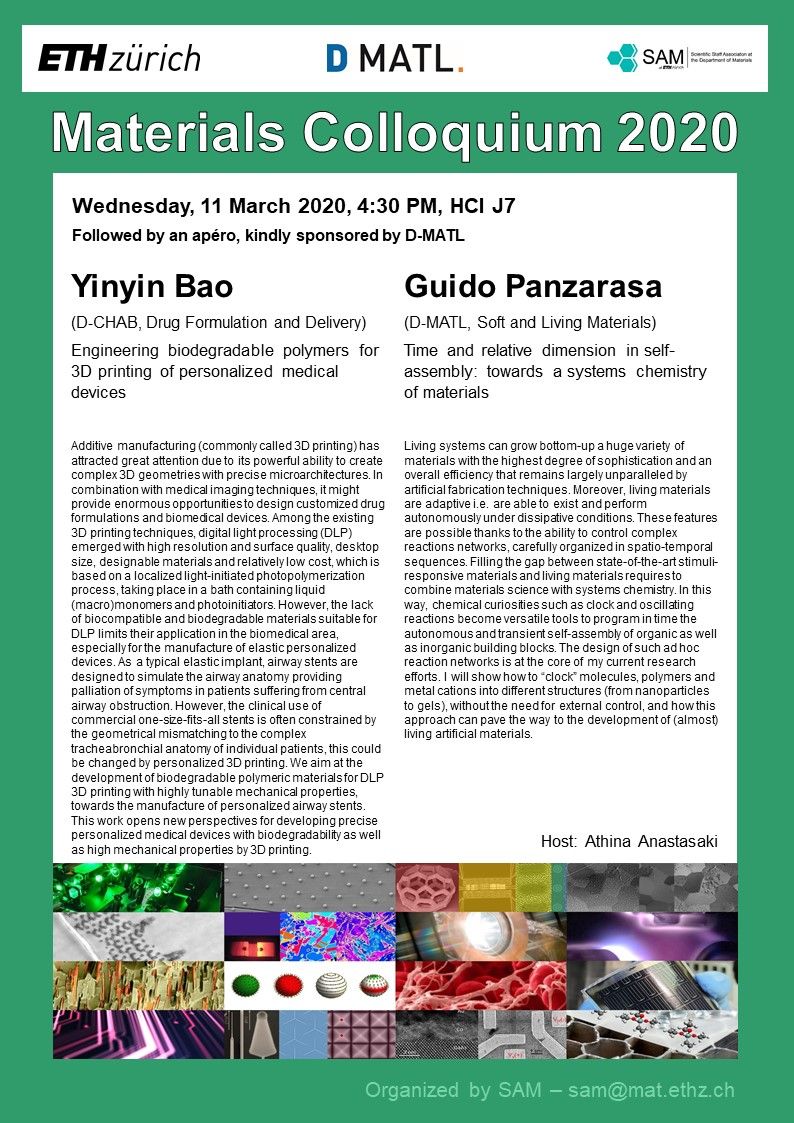 SAM_at_ETH's tweet photo. It is time for the next #MaterialsColloquium! Join us on upcoming Wednesday, March 11th, 4:30PM in HCI J7 for two exciting talks by @Yinyin_Bao from @ETH_DCHAB and Guido Panzarasa from Soft and Living Materials group. Click on the image to see the abstracts. #ETH_materials https://t.co/lUK0wAoD3V