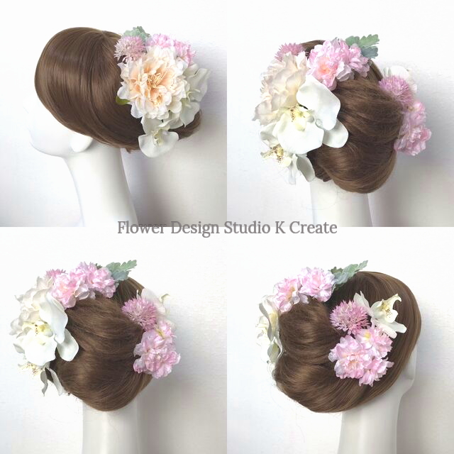 K Create 新作のご紹介です 柔らかな花びらのピオニーをメインに 生花の様な八重桜とオフホワイトの胡蝶蘭の ヘッドドレスです 和装婚 成人式 卒業袴など 春の季節に似合う着物髪飾りです 季節に合わせた髪飾りで 好印象なヘアアレンジになると