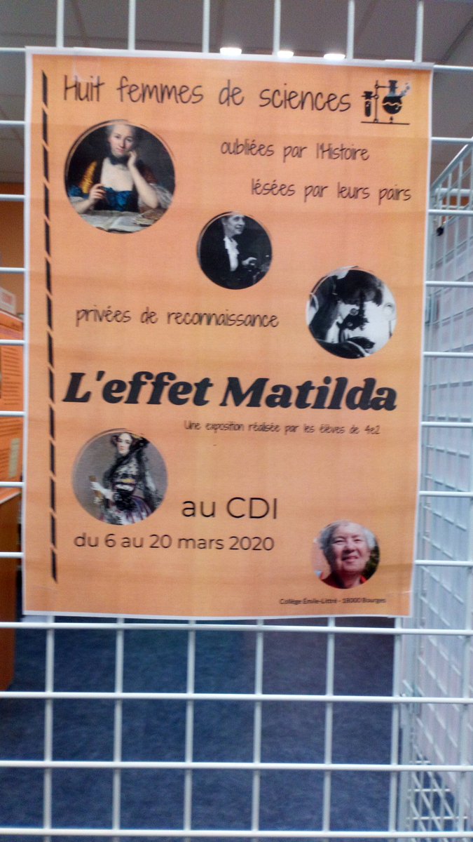 jmgitton_profpc's tweet photo. Au lendemain de la #JourneeDesDroitsDesFemmes, exposition sur #EffetMatilda au CDI du Collège Émile Littré de Bourges. Travail réalisé dans le cadre d'un #EPI en 4ème. Valorisation des #fillesensciences avec rencontre d'une enseignante-chercheuse du #LPC2E d'Orléans. https://t.co/0kgD89Gfbe