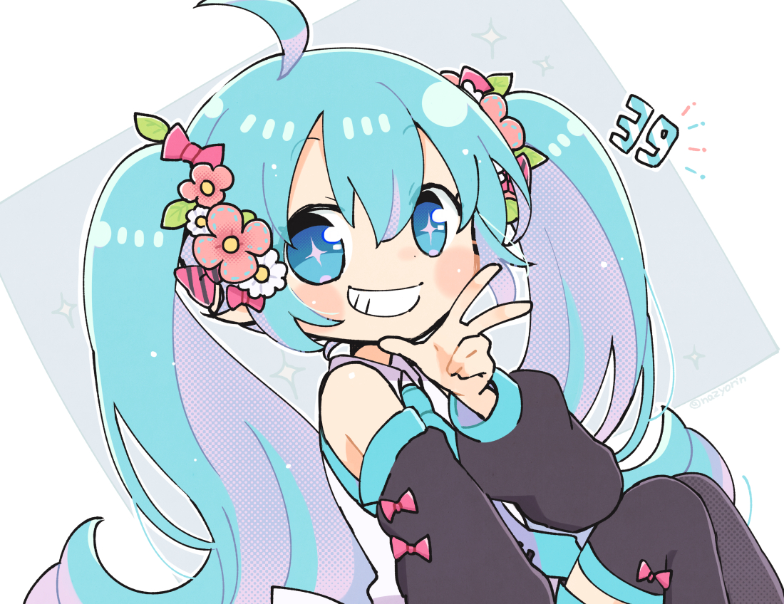 hatsune miku 1girl solo flower hair flower smile twintails grin  illustration images
