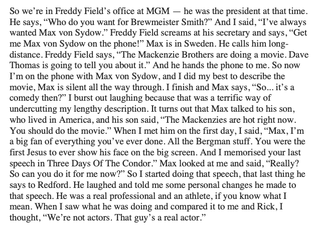 NickdeSemlyen's tweet photo. Didn’t manage to fit it into my book, but Dave Thomas told me how he and Rick Moranis got Max von Sydow to appear in Strange Brew as beer-tampering villain Brewmeister Smith. https://t.co/4eql7rRgXq
